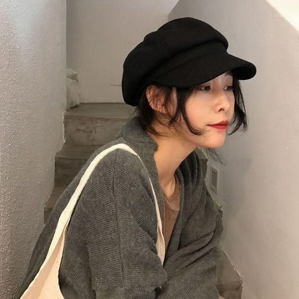 

auutmn winter wool hats women solid plain octagonal cap ladies casual wool hat winter beret women painter cap1, Blue;gray