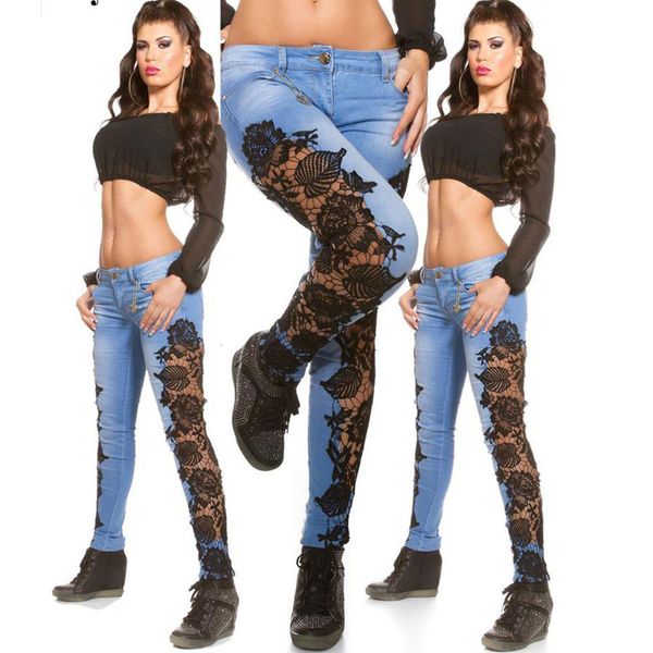 

new 2020 cut out lace high waist jeans women's light leg pants, Blue