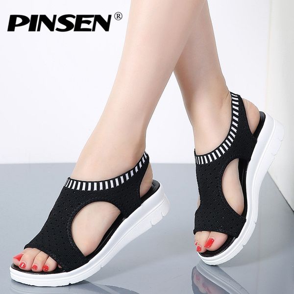 

pinsen women sandals 2020 new female shoes woman summer wedge comfortable sandals ladies slip-on flat sandals women sandalias t200111, Black