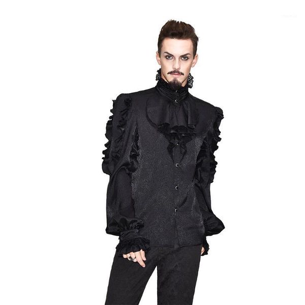 

men's gothic steampunk long sleeve high-necked black ruffle spring tee shirts punk blouse1, White;black
