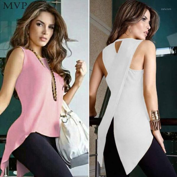 

tank women 2018 summer back crossing hollow out asymmetrical hem women tank, White