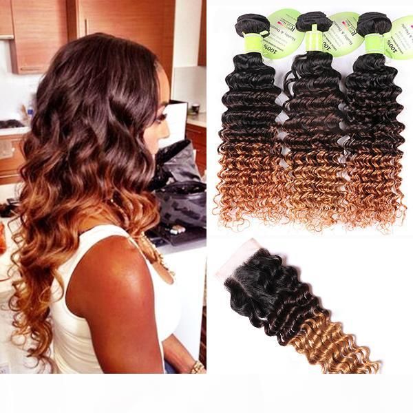 

deep wave human hair ombre weave 3 bundles with 4*4 lace closure 1b 4 27 three tone dark brown honey blonde hair extension, Black;brown