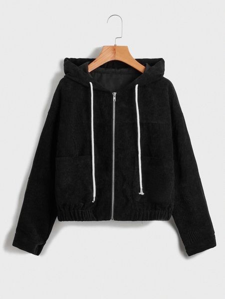 

zip up drawstring hooded corduroy jacket 65ir#, Black;brown