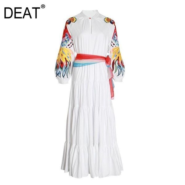 

casual dresses [deat] 2021 dress women full sleeve mandarin collar embroidery ankle length elegant vintage silk belt autumn fashion tide am8, Black;gray