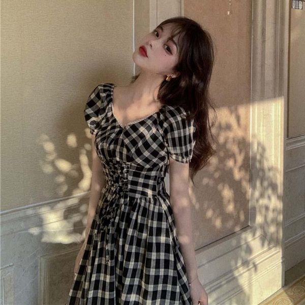 

french little fairy dress spring dress 2020 new fashion show thin retro plaid close waist show thin dress, Black;gray