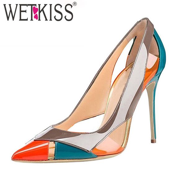 

wetkiss high heels women pumps pointed toe stitching footwear shallow party female shoes 2020 autumn shoes woman plus size 45 lj200928, Black