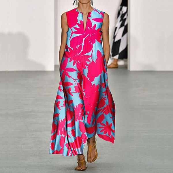 

women summer new v-neck sleeveless printed bohemian dress s-xxl, Black;pink