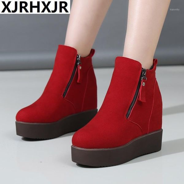 

boots shoes woman winter warm snow platform microfiber 2021 female casual high zipper lady fur wedge boots1, Black