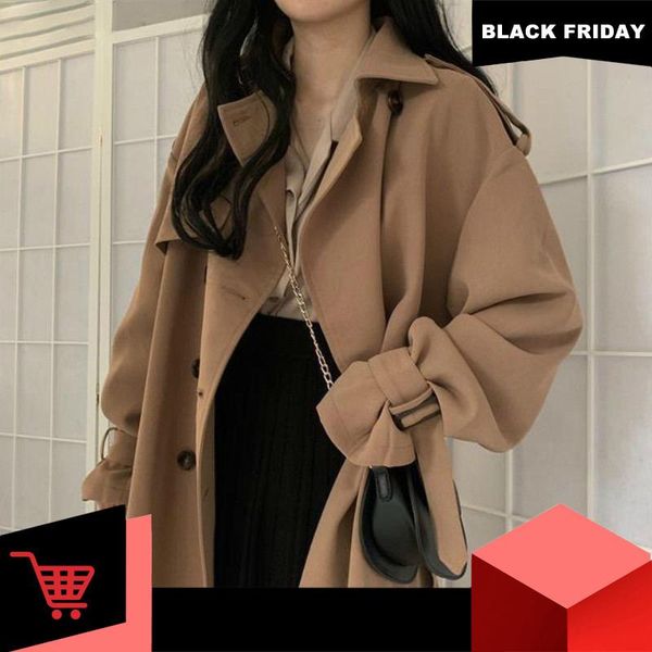 

women's trench coats women khaki winter outerwear elegant loose womens long leisure brithsh style retro streetwear solid fashion, Tan;black