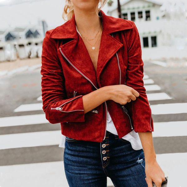 

womens faux suede short velvet jacket moto biker zip up slim jackets motorcycle polyurethane leather lapel coats winter outwear t200111, Black;brown