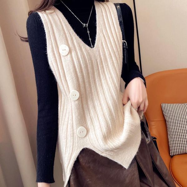 

2021 women autumn winter solid gilets lady button v-neck sleeveless sweater waistcoat female split casual loose knitted vest g23, Black;white