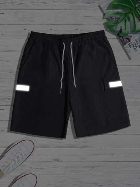 

men contrast reflective panel drawstring waist cargo shorts u0rc#, Black