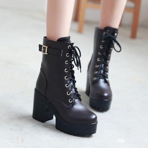 

lace-up ankle boots women boots new waterproof platform high heel women's plus size 35-43 women shoes, Black