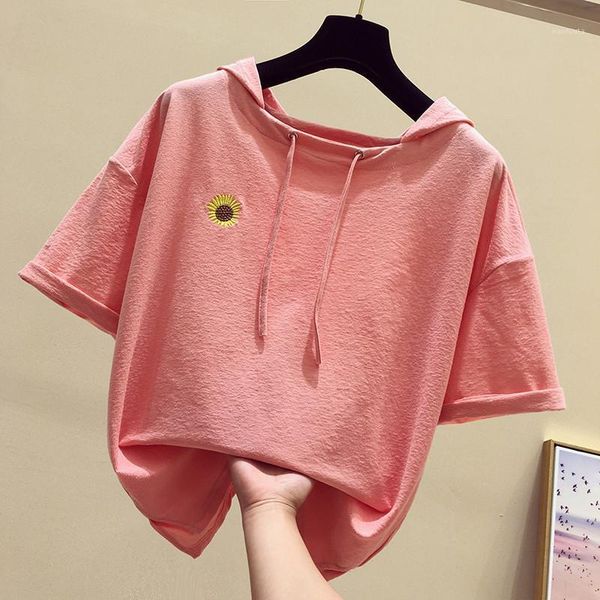 

daisy embroidered t-shirt female 2020 summer casual sweet short sleeve hooded t shirts women pink green loose flower hoodie, White