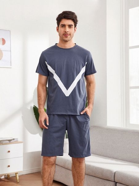 

men chevron print slant pocket pj set f7je#, Black;brown