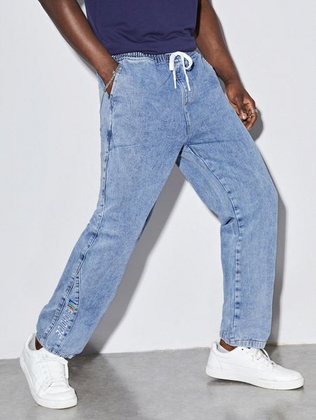 

men drawstring waist letter embroidery jeans e1zi#, Blue