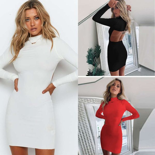 

autumn winter 2020 open back long sve drs with high collar and buttocks, Black;gray