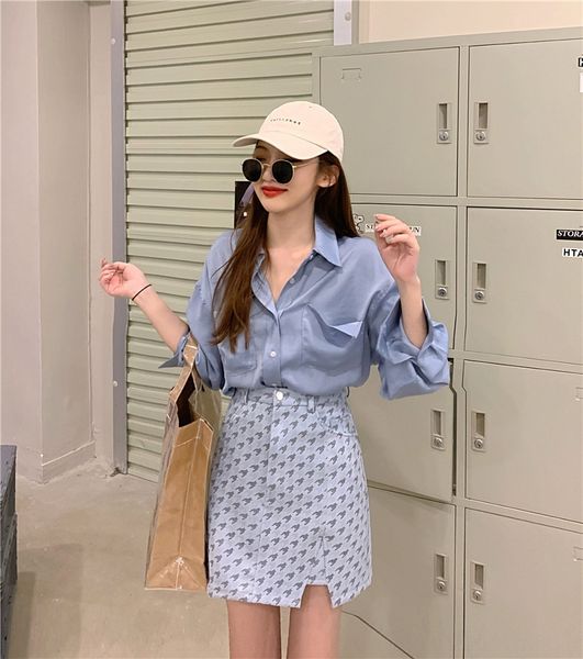 

autumn 2020 new women's aline dress shirt shirtfashion blue long sleeve loose shirt side slit high waist thousand bird check a-line ski, Gray