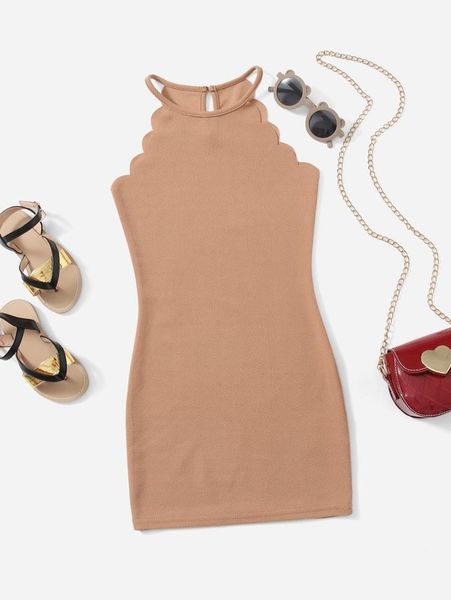 

girls solid scallop trim dress she, Red;yellow