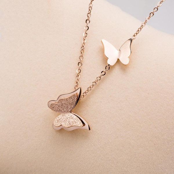 

cute matte double butterfly charms necklace rose gold color stainless steel link chain neckalce jewelry for women, Silver