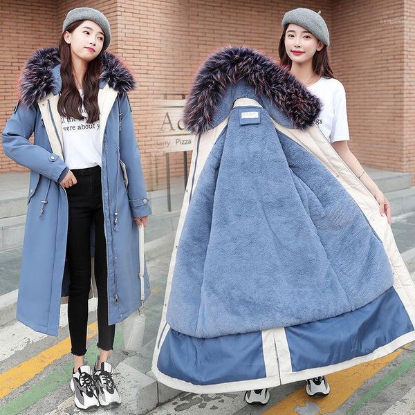 

new 2020 women winter jacket hooded fur collar female winter coat long fashion warm thick loose parkas with fur lining w3631, Black