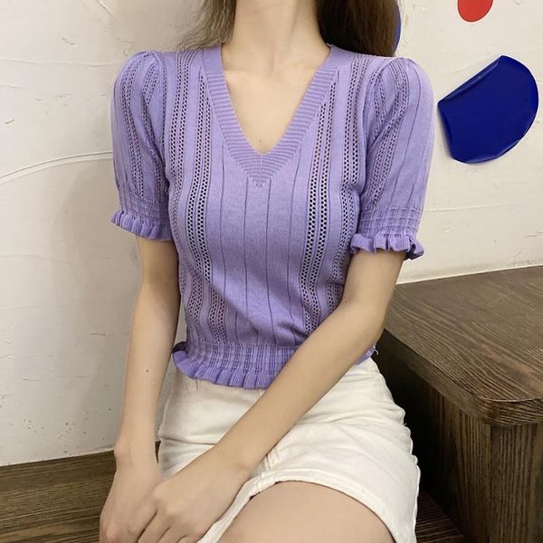 

women's summer ruffled short-sleeved t-shirt v-neck knit slimming foreign simple six colors modify body  clothes, White