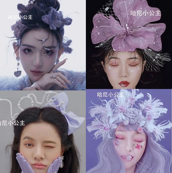 

new hand made purple feather flower hairpin crown edge clip studio wedding bridal headdress hair accessories, Silver