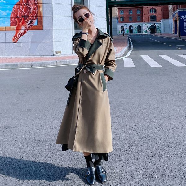 

2021 new bluso feminino primavera outono novo coreano longo solto hit costura elegante em forma de h lapela trench coat female1a mcxn, Black;brown