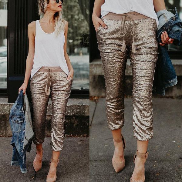 

brand new 2019 women high waist skinny ankle-length regular pants sequins glitter leggings joggings trousers clubwear1, Black;white