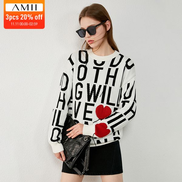

amii minimalism autumn winter sweaters for women fashion oneck letter print loose women's sweater female pullover 12070525 201111, White;black