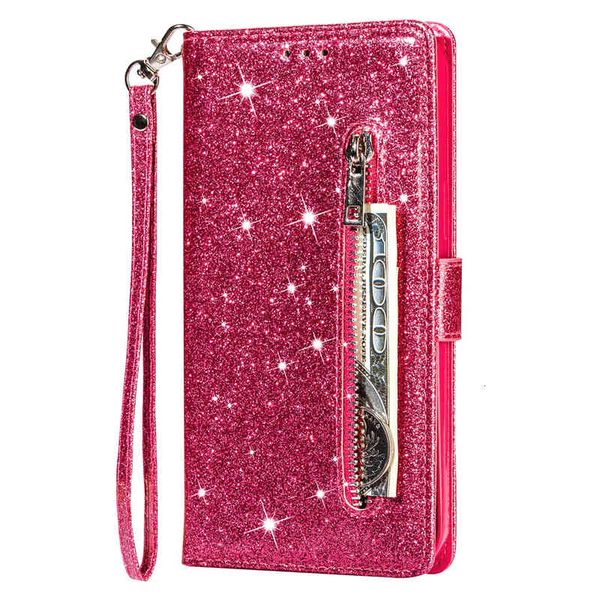 

zipper wallet phone cases for samsung galaxy note20 s21 s20 ultra note10 s10 plus, shiny glitter pu leather flip kickstand cover case with