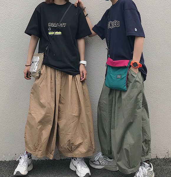 

2021 loose cotton line pants, hip hop harajuku women's legs, korean-style slacks, street-style vintage culottes woman. hiz1, Black;white