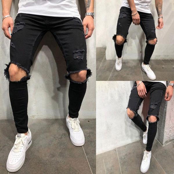 

high streetwear men knee with holes decor black jeans with zipper slim fit elasticity skinny ripped pants forward men's jeans, Blue