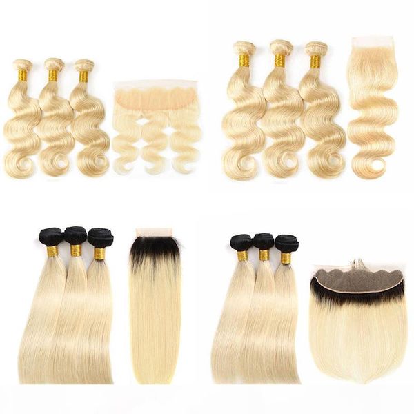 

#613 peruvian body wave 13x4 lace frontal with bundles platinum ombre blonde pre plucked full lace band frontal closure weave, Black;brown