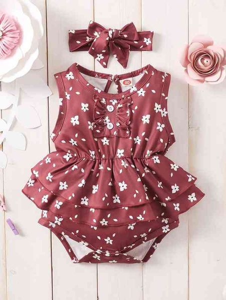 

baby floral print two layer hem bodysuit with headband she, Blue