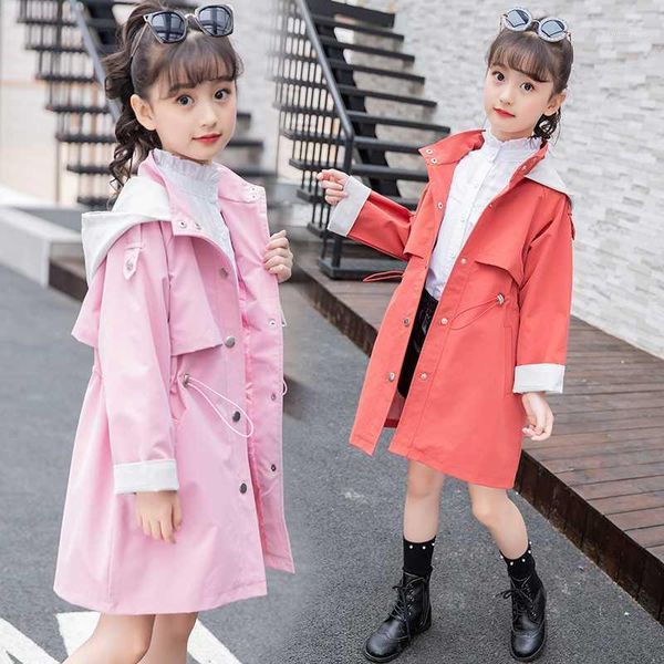 

coat children's trench for girls 2021 pink teenager hooded single breasted long outerwear jackets costume clothes1, Blue;gray