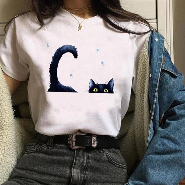 

women printing print graphic cat paw watercolor pet 90s fashion cartoon clothes lady tees female t shirt womens t shirt, White