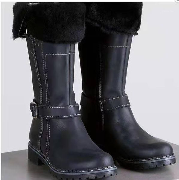

women 2020 knee high boots big size low heels shoes booties gladiator vintage pu leather winter snow warm shoe botas mujer1, Black