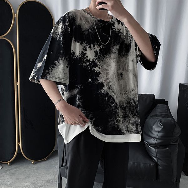

summer youth pop stitching fake two five-point sleeve t-shirt fashion casual wild loose pullover black blue green kg-168, White;black