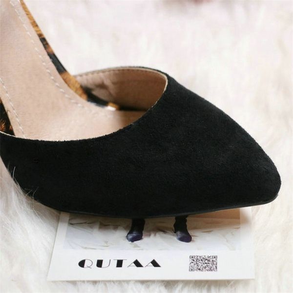 

qutaa pumps leopard pu leather flock sandals square high heels pointed toe buckle fashion summer women shoes 34-43 y200323, Black