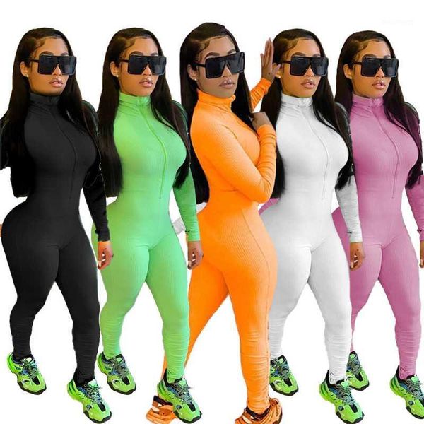 

adogirl solid casual ribbed jumpsuit front zipper turtleneck long sleeve skinny romper women tracksuit fitness romper overalls1, Black;white
