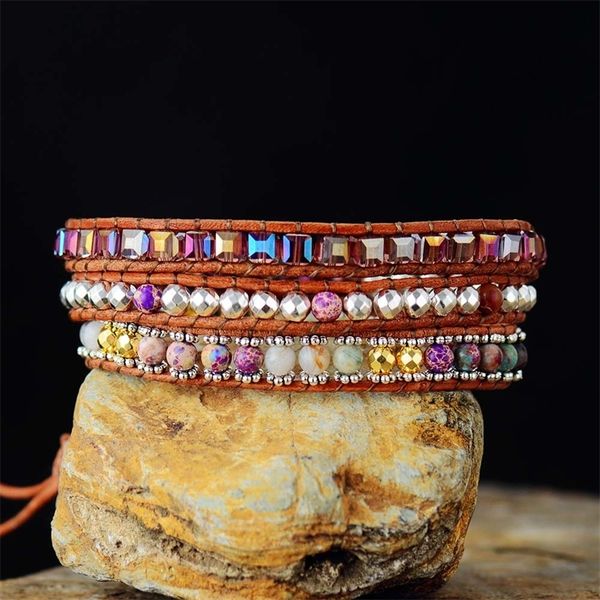 

exclusive vintage wrap bracelets w/ natural stone crystals beaded triple statement bracelet bijoux bohemian beads jewelry y200730, Black