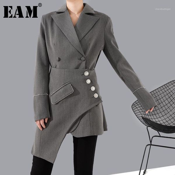

eam] loose fit gray rhinestone asymmetrical stitch jacket new lapel long sleeve women coat fashion tide spring 2020 1r741021, Black;brown