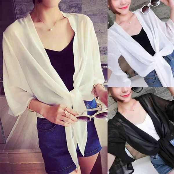 

women summer casual chiffon shawl sun protection cardigan bikini cover beachwear, White