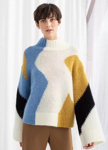

women sweater 2020 fall winter new wool blend contrast wide sleeve sweater1, White;black