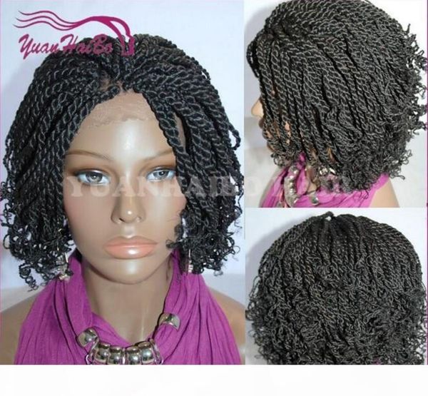 

selling short kinky twist braided lace front wigs full hand tied synthetic hair wigs with curly tips for african americans, Black