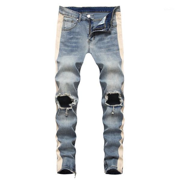 

men's lines stripe big holes ripped jeans streetwear zipper slim skinny stretch denim pencil pants trousers blue black1