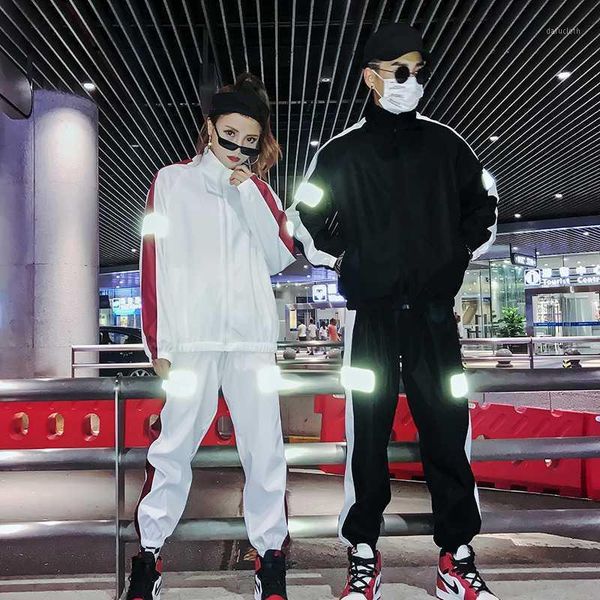 

reflective stripe jacket men loose thin hip hop style casual jacket set couple models street fashion youth shirt with set1, Black;brown