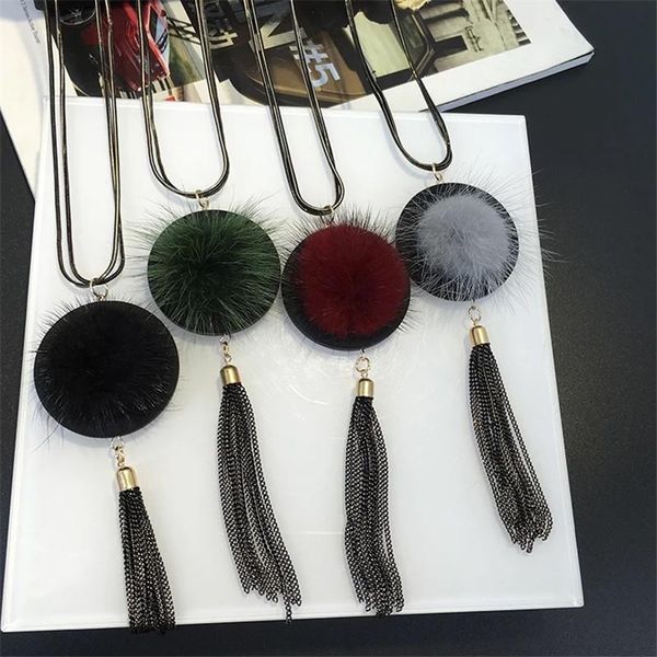 

2020 black/grey/red/green long mink necklace ball tassels pendant winter sweet metal necklace for women girl gift, Silver