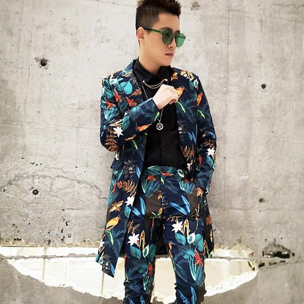 

men's suits & blazers men fashion casual flower sets 2pcs (jacket+pant) male long slim fit blazer jacket nightclub stage show singer dj, White;black